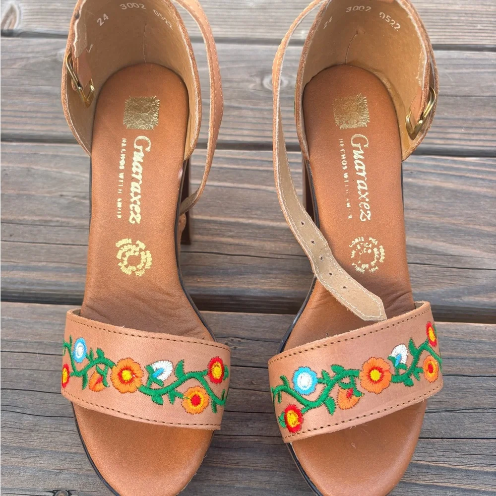 Tan Floral Embroidered Women's Heels - Picture 2 of 9